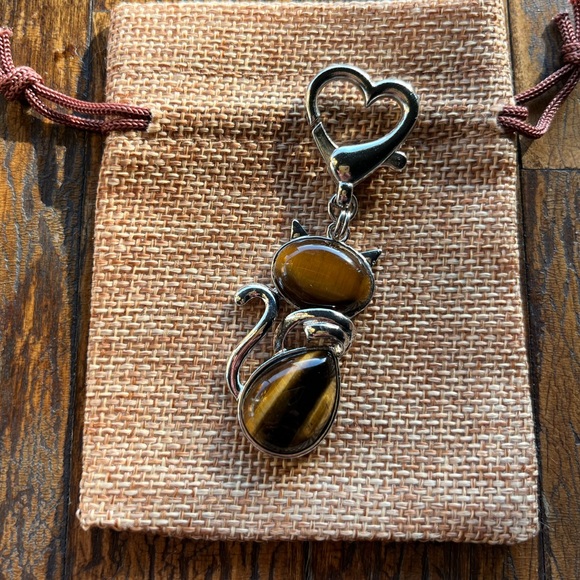 Hand Crafted Jewelry - Tigers Eye Cat Keyring Charm Tigers Eye Cat Bag Charm Kitty Cat Crystal Charm